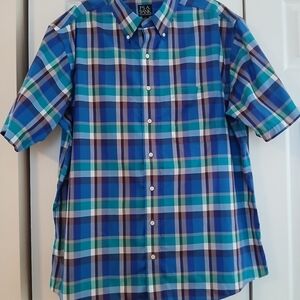 Jos A Bank Men's Blue and Teal Plaid Short-Sleeve Button-Down Shirt XL